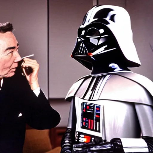 Image similar to color photo of robert oppenheimer debating with darth vader