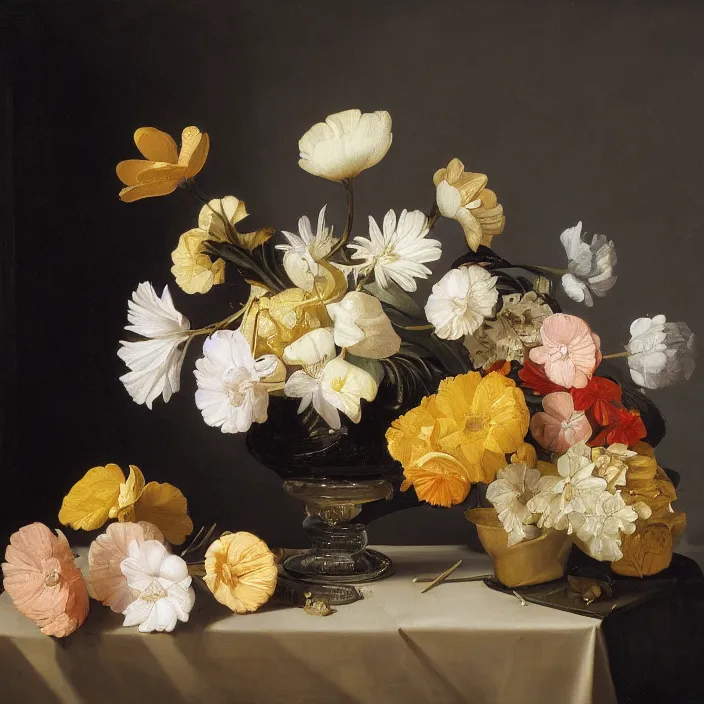 Image similar to still life painting of a beautiful bouquet of flowers by pieter claesz, palm trees in the background, oil on canvas, strong lighting, highly detailed, hyper realism, golden hour, god rays, hd, 4 k