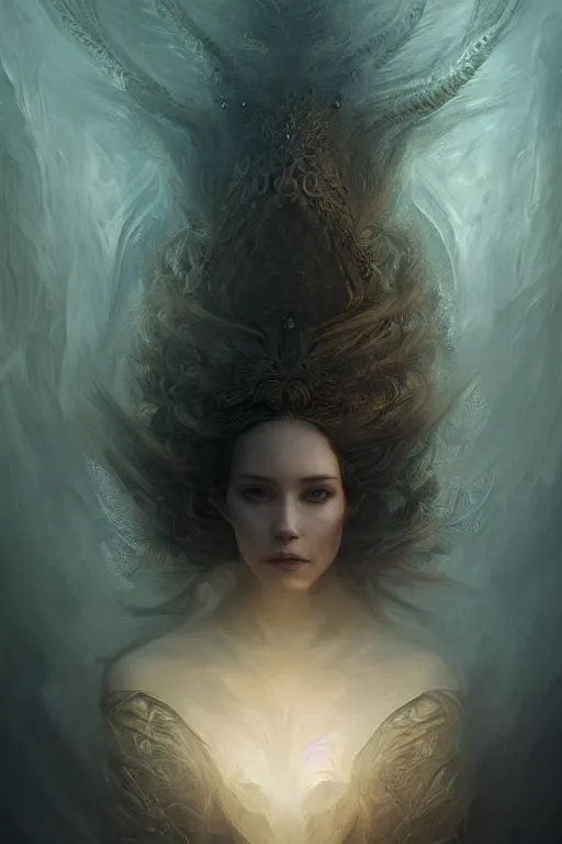 Image similar to Majestic and regal portrait of a female lady, intricate, epic, elegant, menacing, fantasy, highly detailed, digital painting, hard focus, beautiful volumetric lighting, epic light, ultra detailed, Horror, souls, ghosts, smoke by Leesha Hannigan, Ross Tran, Thierry Doizon, Kai Carpenter, Ignacio Fernández Ríos