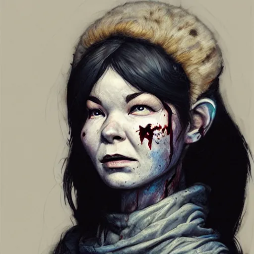 Image similar to head portrait of clothed young adult bjork as a zombie, 7 days to die zombie, gritty background, fine art, award winning, intricate, elegant, sharp focus, cinematic lighting, digital painting, 8 k concept art, art by michael hussar, art by brom, art by guweiz and z. w. gu, 8 k