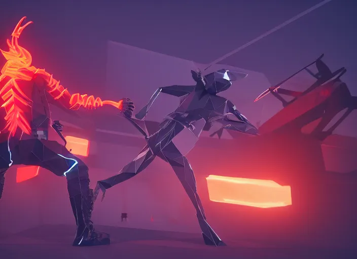 Image similar to low poly model of a neon ninja in an epic battle with a demon, sci-fi, cinematic, 12k, unreal engine