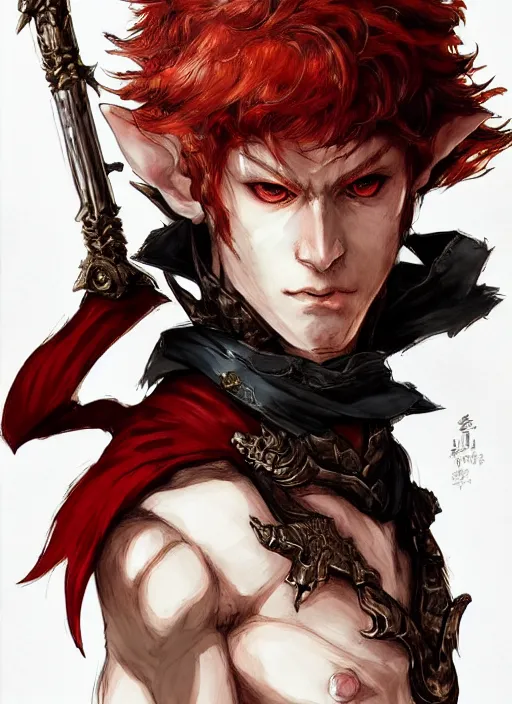 Image similar to Half body portrait of a handsome young red haired elven monk prince with dragon eyes, staff and red and golden ornate dragon robe. In style of Yoji Shinkawa and Hyung-tae Kim, trending on ArtStation, dark fantasy, great composition, concept art, highly detailed.