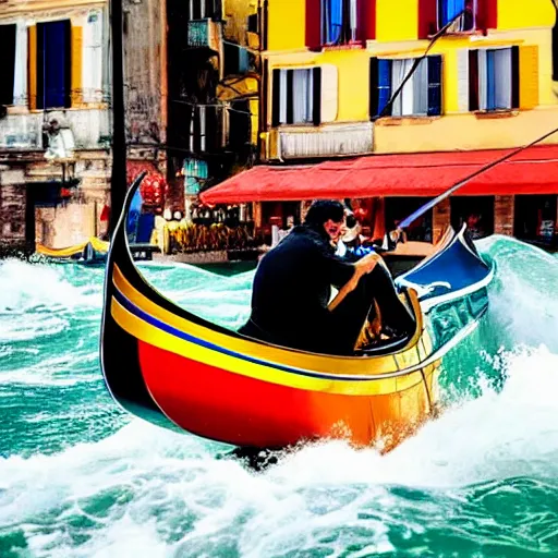 Prompt: radical italian man riding his gondola on a tidal wave, radical, colourful, ocean, gondola riding