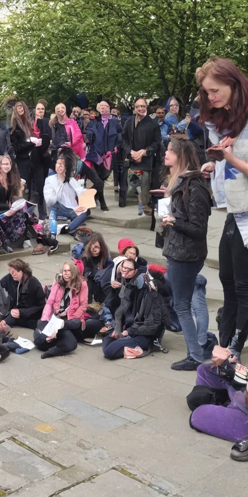 Prompt: Street poets in London by the river Thames