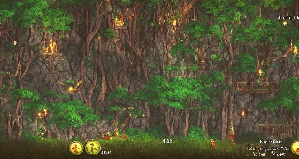 Prompt: Screenshot of a videogame of a fantasy forest from kora.