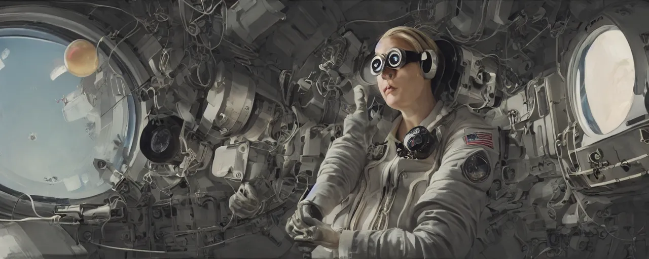 Image similar to illustration 3 / 4 portrait of stoic heroic emotionless butch blonde woman engineer with short slicked - back hair, wearing victorian goggles, working in zero gravity on space station, awkward and uncomfortable and anxious, dirty, dynamic composition by sergey kolesov. industrial space program, scifi, hyper detailed. octane render. concept art. trending on artstation