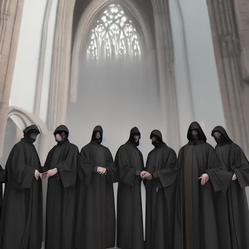 Image similar to a detailed matte painting of a group of 7 senior priests in black robes with their hood up and pitch black eyes, concept art, evil cathedral, incense smoke drifting through the air, portrait, artstation, volumetric lighting, exquisite detail, octane render, 8 k postprocessing