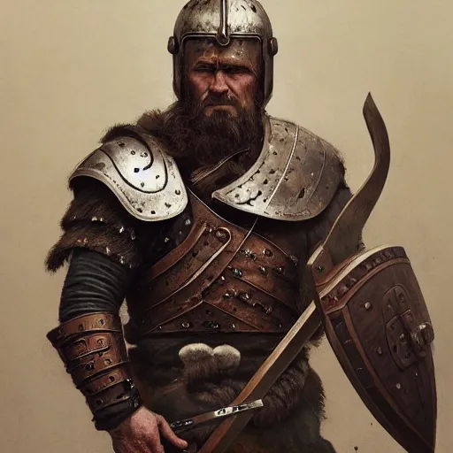 Image similar to portrait of a viking warrior with a helmet and axe hands painted black leather armor, highly detailed, digital painting, artstation, concept art, illustration, greg rutkowski, mucha,