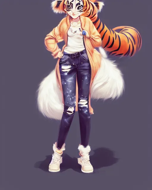 Prompt: fullbody portrait of anthropomorphic half - tiger fluffy cute anime woman in jeans coat, concept art, anime art, by a - 1 picture, trending on artstation artgerm, ross tran, wlop, marc davis