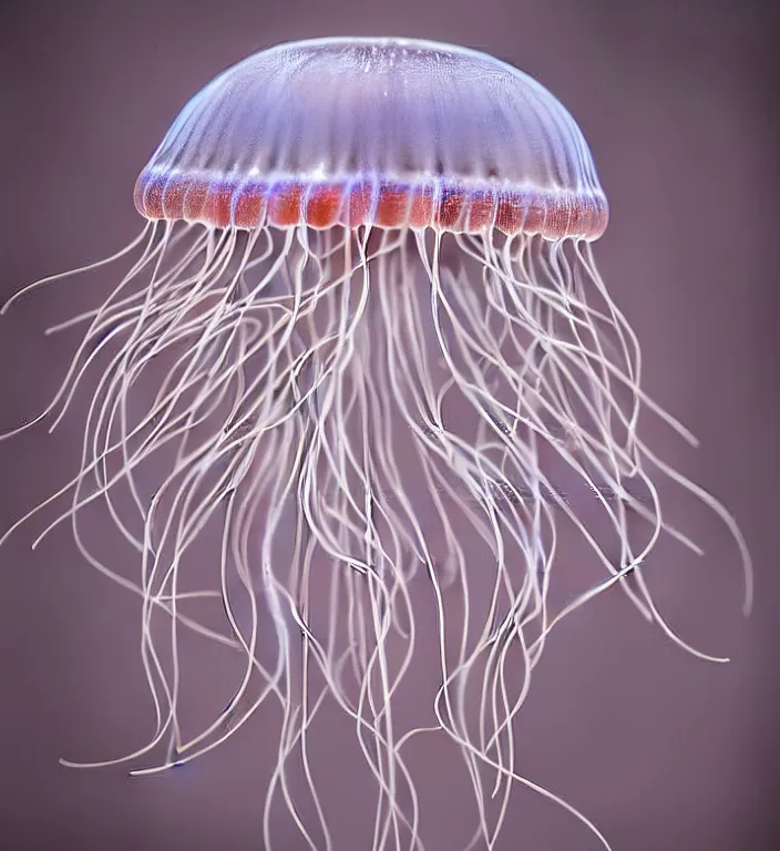 Image similar to jellyfish , A Close up photo-real delicate ceramic porcelain sculpture of a symmetrical ornate detailed in front of an intricate background by Victo Ngai and takato yamamoto, micro detail, backlit lighting, face in focus, subsurface scattering, translucent, thin porcelain, octane renderer, colorful, physically based rendering, japanese pottery, trending on cgsociety