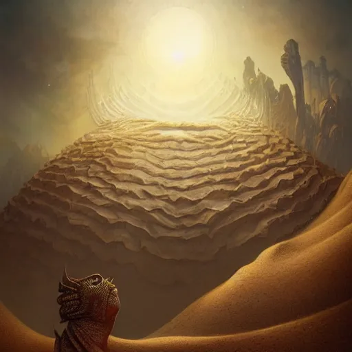 Prompt: a hyperrealistic illustration of a scaly monster covered in sand, desert with rocks with fractal sunlight, award-winning, masterpiece, in the style of Tom Bagshaw, Cedric Peyravernay, Peter Mohrbacher