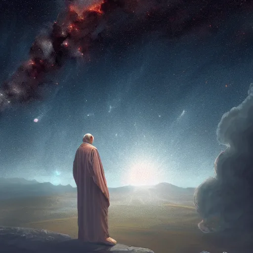 Image similar to a divine old man looking out over the universe, solemn, melancholy, trending on artstation, beautiful matte painting