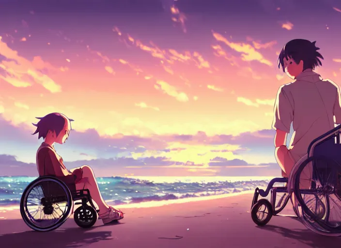 Prompt: girl on wheelchair is pushed by man, sunset sky in background, beach landscape, illustration concept art anime key visual trending pixiv fanbox by wlop and greg rutkowski and makoto shinkai and studio ghibli and kyoto animation, short hair hair, hair down, symmetrical facial features, backlit