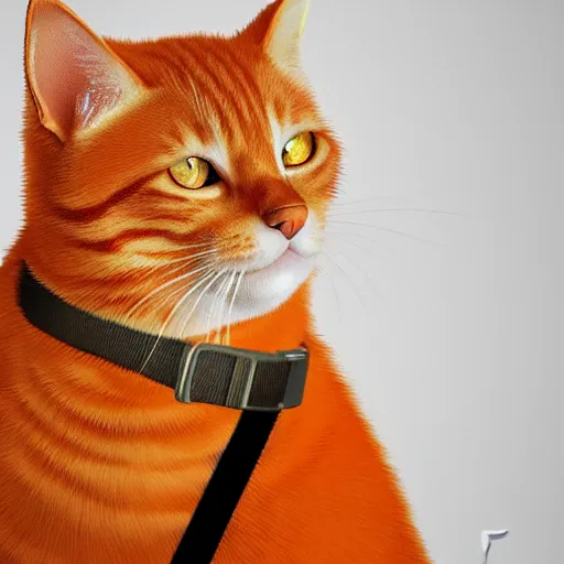 Prompt: an orange tabby cat with a laser collar, artstation, concept art, smooth, sharp focus, illustration, highly detailed, production quality cinema model