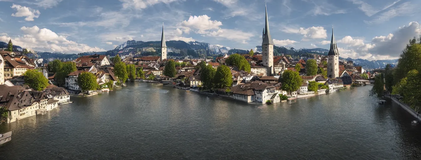 Image similar to Photo of Zurich, looking down the Limmat at the lake and the alps, Hardturm, Grossmünster, wide angle, volumetric light, hyperdetailed, light blue water, artstation, cgsociety, 8k