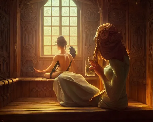 Prompt: two people in sauna, deep focus,, fantasy, intricate, elegant, highly detailed, digital painting, artstation, concept art, matte, sharp focus, illustration, hearthstone, art by artgerm and greg rutkowski and alphonse mucha