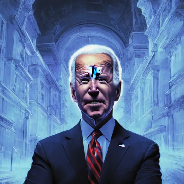 Image similar to portrait of joe biden as a glowing eyed dark wizard saving democracy in washington dc. intricate abstract. intricate artwork. by tooth wu, wlop, beeple, dan mumford. octane render, trending on artstation, greg rutkowski very coherent symmetrical artwork. cinematic, hyper realism, high detail, octane render, 8 k, iridescent accents