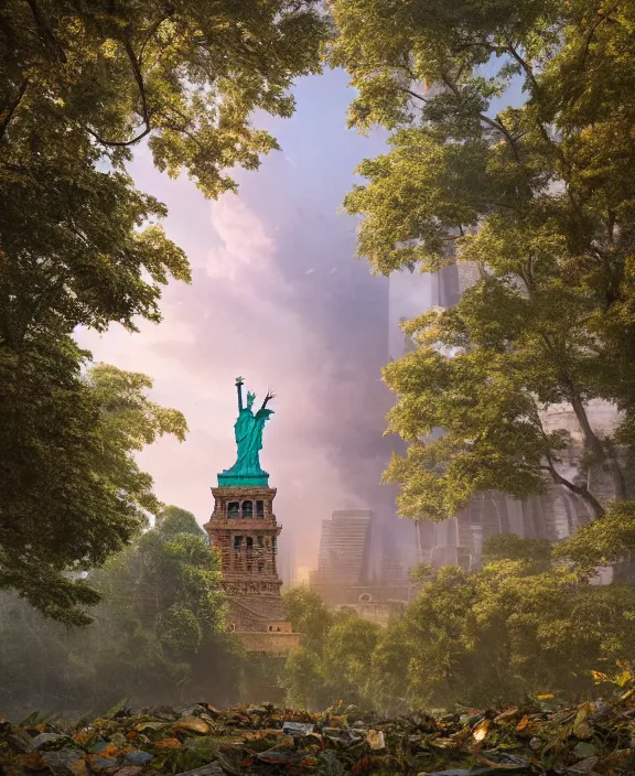 Image similar to highly detailed digital matte painting of a Lady Liberty statue covered in leaves and nature with overgrowth Full shot. By Raphael LaCoste and Ruan Jia and Robert McCall, postcyberpunk, geodesic dome, hyperdetailed, sunrise, wide shot, autochrome, octane render