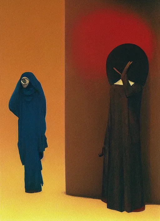 Image similar to neo-andean women paper bag over the head and a sward Edward Hopper and James Gilleard, Zdzislaw Beksinski, highly detailed