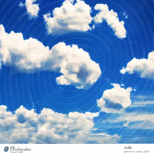 Image similar to camera pointed at the sky, bright blue sky, fluffy nice clouds, nostalgic album cover