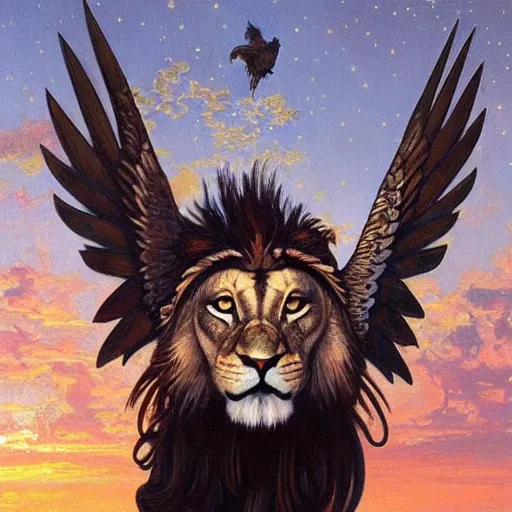 Prompt: a realistic oil painting of a winged lion's body with an eagle!! head, at sunset with a sky full of stars, highly detailed, trending on artstation, by james gurney and michael whelan and krenz cushart and alphonse mucha