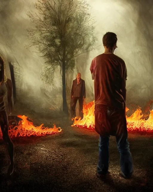 Image similar to concept illustration from the'0 0 s supernatural thriller'an open flame ', a high quality high detail digital matte painting by david mattingly and samuel araya and tim jacobus and michael whelan, hd 4 k 8 k, realistic details, photorealistic lighting, modern horror aesthetic, composition and scene layout inspired by gregory crewdson and brendon burton.