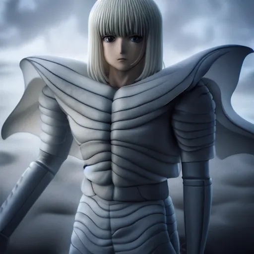 Image similar to full body portrait of griffith from berserk manga, posing, symmetrical composition, centred composition, hyperdetailed, octane render, photorealism 4 k