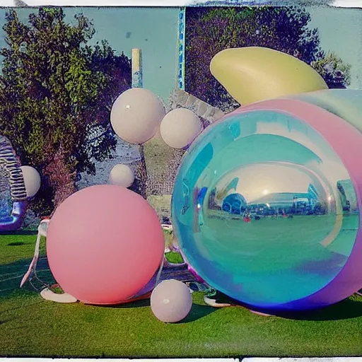 Image similar to a pastel colour high fidelity wide angle Polaroid art photo from a holiday album at a seaside with abstract inflatable parachute furniture, spheres and a sculpture, all objects made of transparent iridescent Perspex and metallic silver, a grid of sun beds iridescence, nostalgic