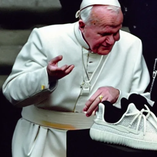 Image similar to john paul ii admiring a yeezy sneaker in his hands