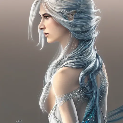 Image similar to an elven woman with long, silver hair cascading down her back. she has delicate, angular features and piercing blue eyes. she's clad in a flowing white dress with intricate silver embroidery, dynamic lighting, photorealistic fantasy concept art, trending on art station, stunning visuals, creative cinematic, ultra detailed