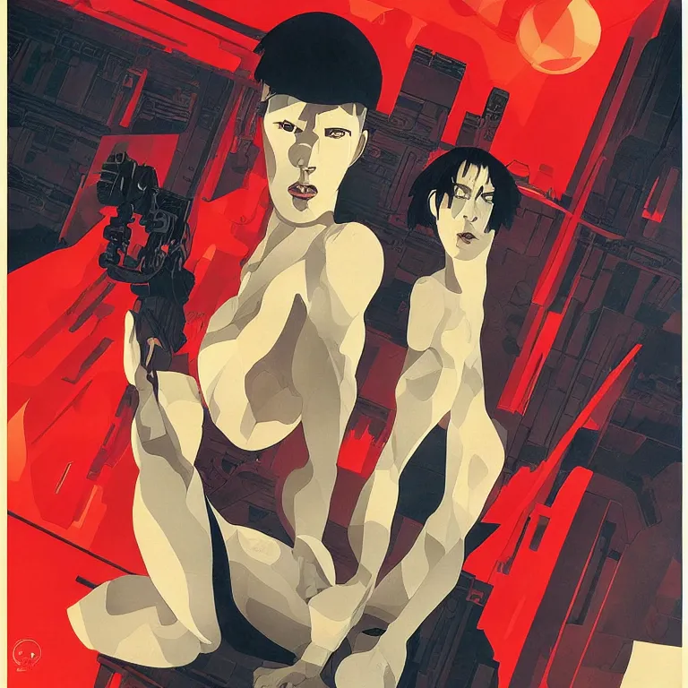 Image similar to high detailed portrait of ghost in the shell in style of Oleg Savostyuk, soviet poster, retro futurism, single person