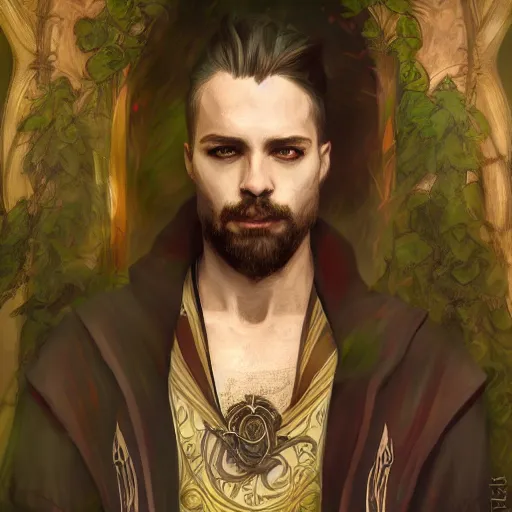 Prompt: a portrait of a male warlock,Grim fantasy, D&D, HDR, natural light, shoulder level shot, dynamic pose, award winning photograph, Mucha style 4k,