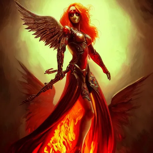 Prompt: A beautiful digital painting of archangel with red hair, skull face, burning wings, princess, a ghostly skull , D&D, fantasy, intricate, cinematic lighting, highly detailed, digital painting, Artstation, concept art, smooth, sharp focus, illustration, art by Artgerm and Greg Rutkowski, Alphonse Mucha and charlie bowater