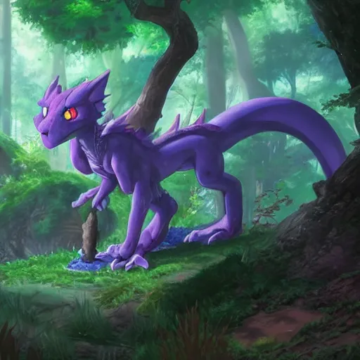 Image similar to concept art painting of an anthropomorphic purple anime furry dragon, in the deep forest, realistic, detailed, cel shaded, in the style of makoto shinkai and greg rutkowski and james gurney