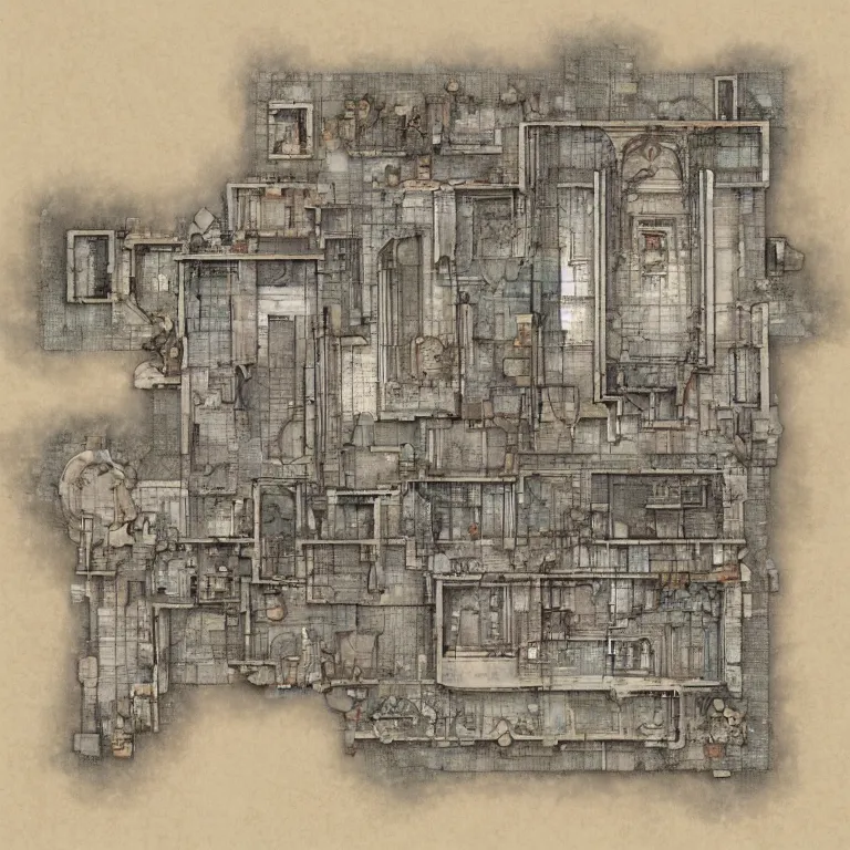 Prompt: floor plan map of a temple in the clouds, by greg rutkowski and james gurney, trending on artstation