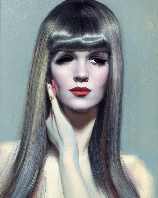 Image similar to portrait 1 9 6 0 s elegant blonde beautiful mod girl, long straight 6 0 s hair with bangs, groovy, by brom, tom bagshaw, sargent