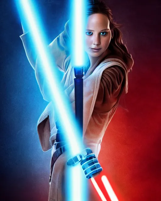 Prompt: jennifer lawrence as a jedi with ripped and damaged clothes holding a blue lightsaber in her hands, very dark background, official new star wars episode xi movie poster from lucas arts, perfect symmetrical face, moody lighting, 8 k, shallow depth of field, intricate detail,
