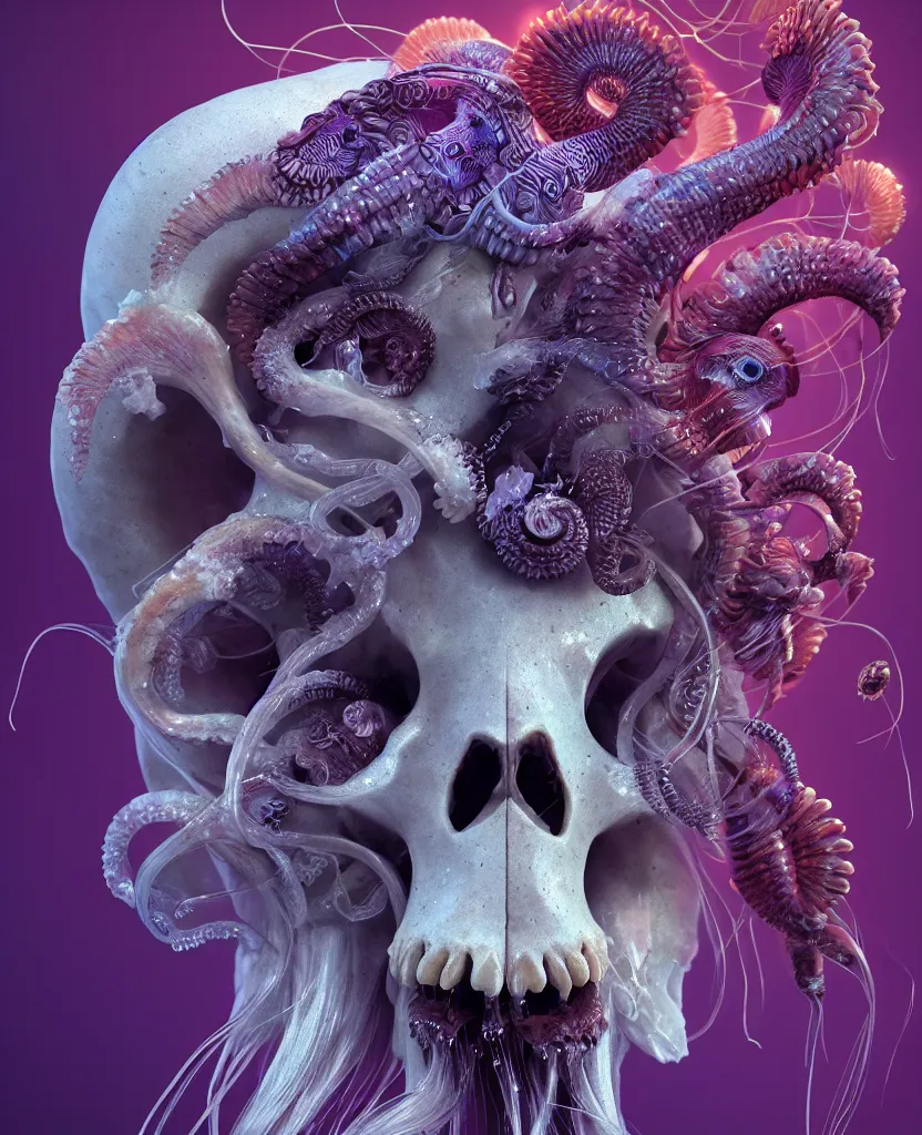 Image similar to goddess close-up portrait ram skull. eyes. jellyfish phoenix head, nautilus, orchid, skull, betta fish, bioluminiscent creatures, intricate artwork by Tooth Wu and wlop and beeple. octane render, trending on artstation, greg rutkowski very coherent symmetrical artwork. cinematic, hyper realism, high detail, octane render, 8k