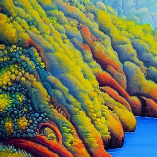 Image similar to detailed painting of a lush natural scene on an alien planet by stephen quiller. beautiful landscape. weird colourful vegetation. cliffs and water.