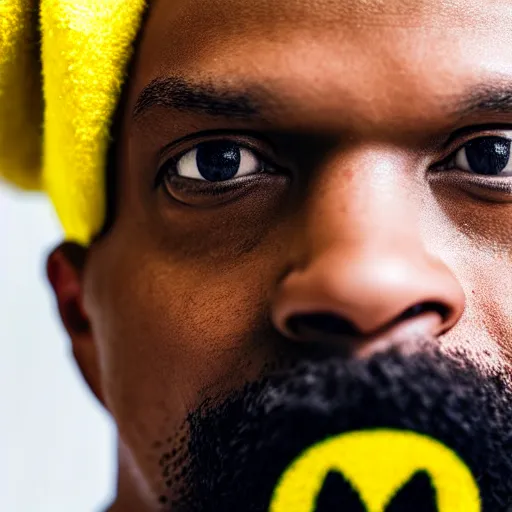 Image similar to a bald black man with a pikachu hat, close up