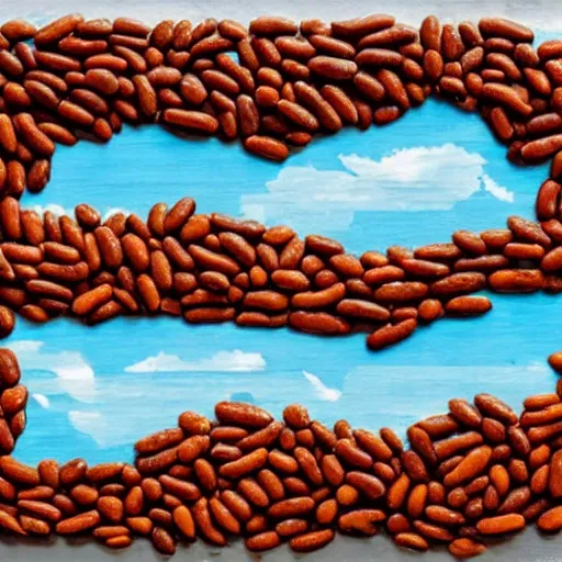 Prompt: Landscape, made of baked beans.