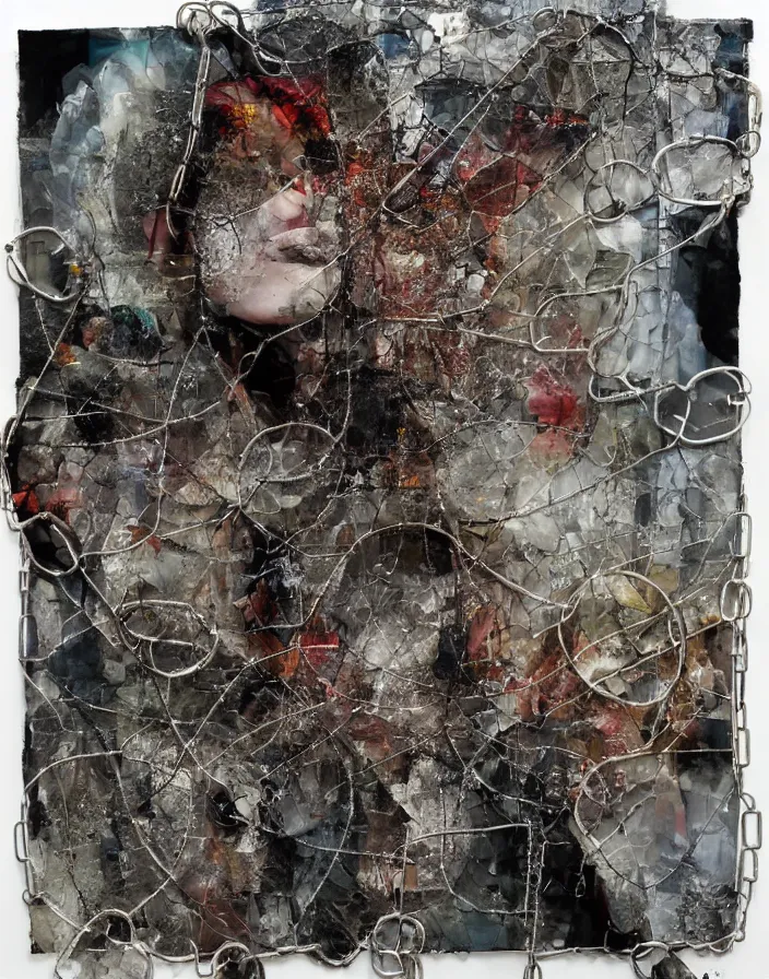 Prompt: chained and locked, mixed media collage, assemblage, photomontage, oil painting, minimalist, contemporary art, punk art, photorealistic, portrait, expressionism, masterpiece, dynamic composition, spectacular quality, intricate details, shattered glass texture, chains, smoke, water