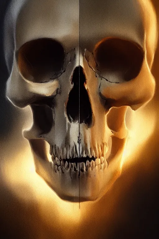 Image similar to concept art skull, brushstroke, close - up portrait, powerfull, intricate, elegant, volumetric lighting, scenery, digital painting, highly detailed, artstation, sharp focus, illustration, concept art, ruan jia, steve mccurry