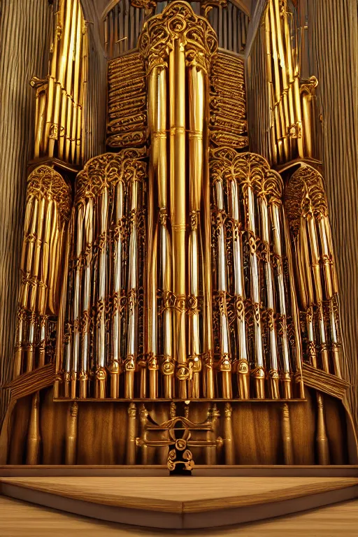 Image similar to a detailed render of an organ in a church, with large golden pipes, trending on artstation, render, 3 d, octane, 4 k, 8 k, unreal engine, cinema 4 d
