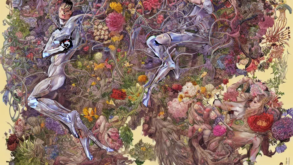 Image similar to highly detailed illustration of a human anatomy body exploded by all the known species of flowers by juan gatti, by makoto shinkai, by moebius!, by oliver vernon, by joseph moncada, by damon soule, by manabu ikeda, by kyle hotz, by dan mumford, by kilian eng