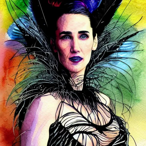 Image similar to detailed colorful watercolor of jennifer connelly as odile the black swan, disney villain, black feathers instead of hair, black feathers growing out of skin, shapeshifting, black feathers growing out of face, floating in zero gravity on spacecraft, science fiction, highly detailed, comic book cover, mike mignogna, david mack, trending on artstation