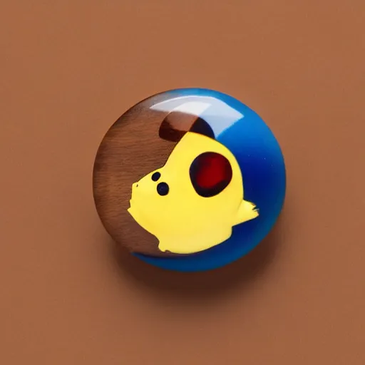 Image similar to a zoomed out studio product shot of a rounded carved smooth cherry wood and resin pikachu in profile, like a catalog photograph, where distinct sections of the carving are blue resin, but is mostly wood, with a smooth featureless minimalist short wooden nose with no nostrils, and a round minimalist behind