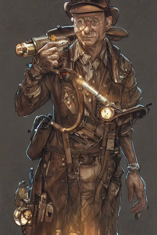 Image similar to elmer fudd as a steampunk cyborg, portrait, western, steampunk, duster, fantasy, intricate, elegant, highly detailed, digital painting, artstation, concept art, sharp focus, illustration, art by artgerm and greg rutkowski and alphonse mucha