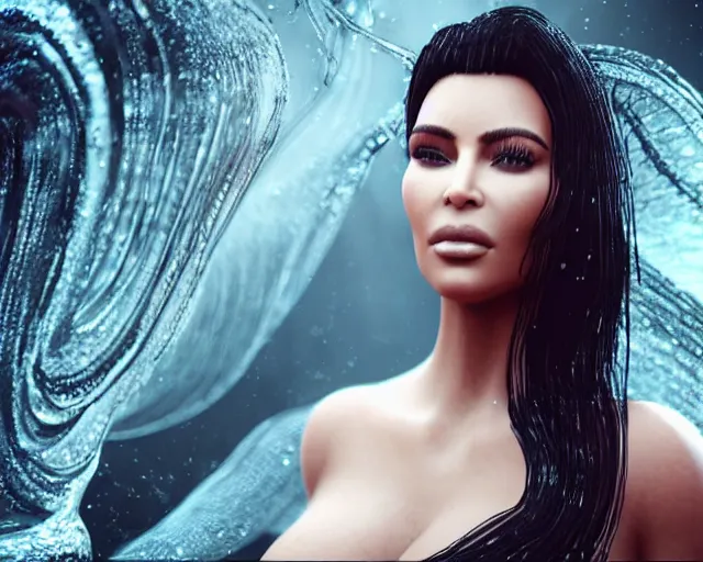 Image similar to epic full body shot still of kim kardashian unconscious wearing a black lace dress trapped in a transparent alien liquid, wet flowing hair, gooey skin, illustration, unreal engine 5, 8 k, made by h. r. giger.