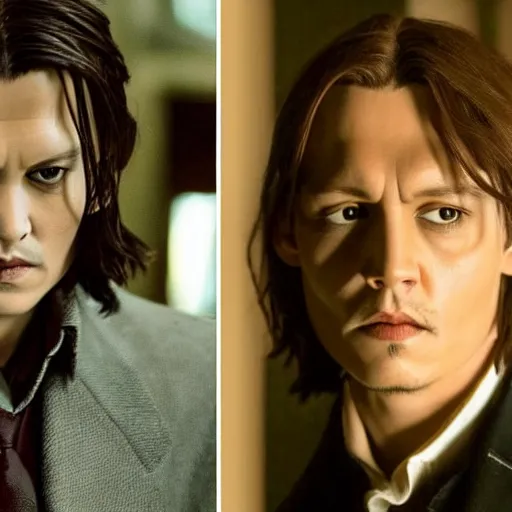 Prompt: Film Still of a Young Adult Johnny Depp playing Tom Riddle in Harry Potter, Film Still, realistic, hyperrealistic, very realistic, very very realistic, highly detailed, very detailed, extremely detailed, detailed, detailed face, very detailed face, very detailed face, realism, HD Quality, 8k resolution, intricate details, body and head in frame, Real Life